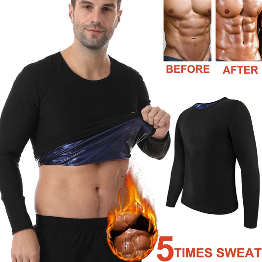 Men Sweat Suit Neoprene Sauna Shirt Fitness Waist Trainer Sweat Gym Long-sleeved Top Workout Slimming Body Shaping Round Neck
