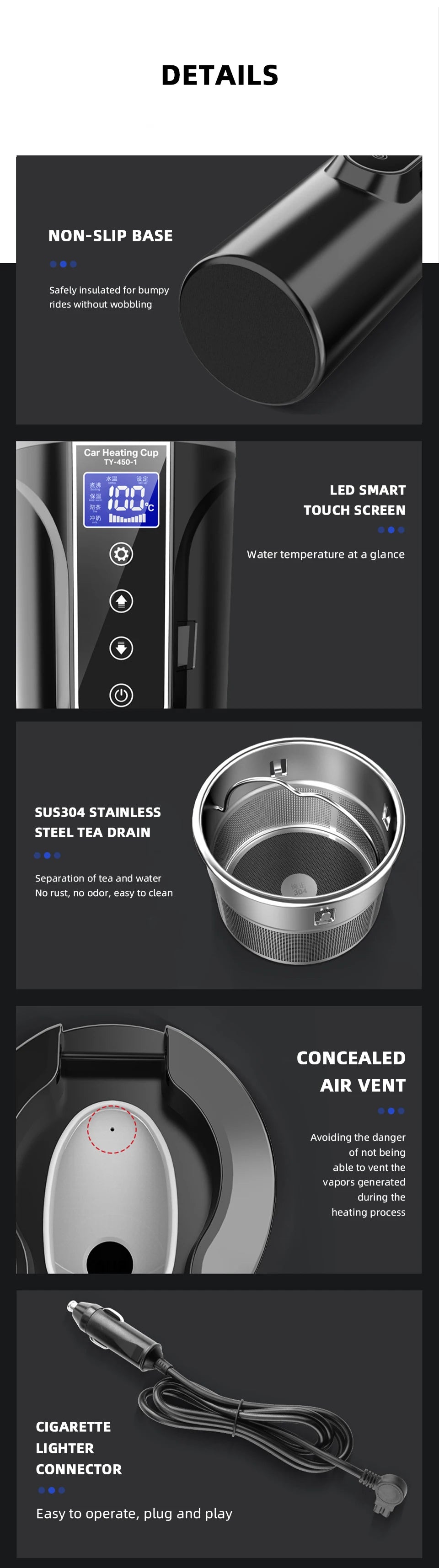 R31 450ml Car Heating Cup 12v/24v Portable Electric Kettle Smart Touch Screen Thermal Mug Temperature Adjustable Car Heating Mug