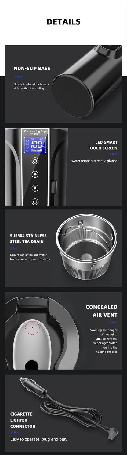 R31 450ml Car Heating Cup 12v/24v Portable Electric Kettle Smart Touch Screen Thermal Mug Temperature Adjustable Car Heating Mug
