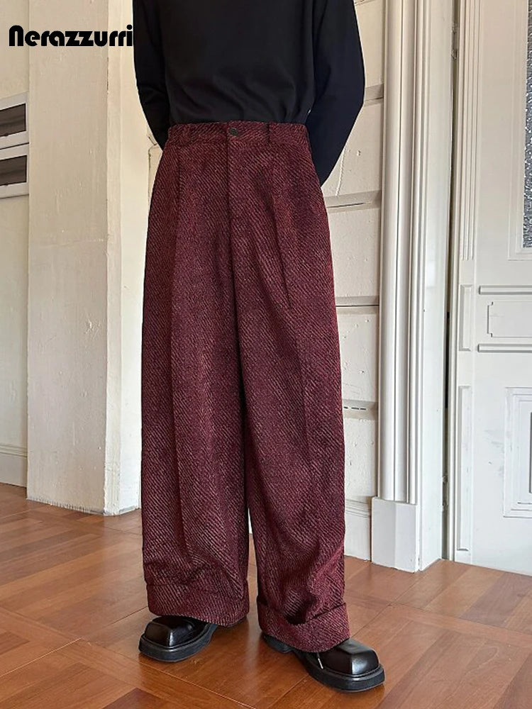 Nerazzurri Spring Autumn Long Velvet Wide Leg Pants for Men High Waist Loose Casual Flowy Soft Luxury Menswear Clothing 2026