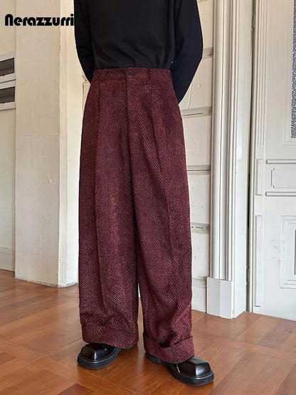 Nerazzurri Spring Autumn Long Velvet Wide Leg Pants for Men High Waist Loose Casual Flowy Soft Luxury Menswear Clothing 2026