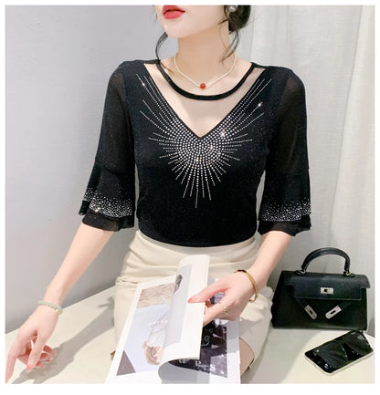 Sexy Hollow out Mesh Seven Quarter Sleeve Fashion Trend Summer T-Shirt Women Slimming Versatile Top Half Sleeve Small Shirt