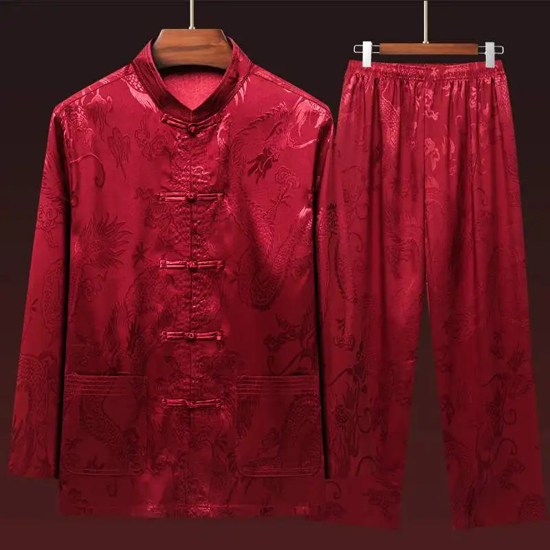 Men's Long Sleeve Ice Silk Tai Chi Suit Traditional Chinese Hanfu Vintage Style Tang Costume Elderly Fashion Dad's Clothing