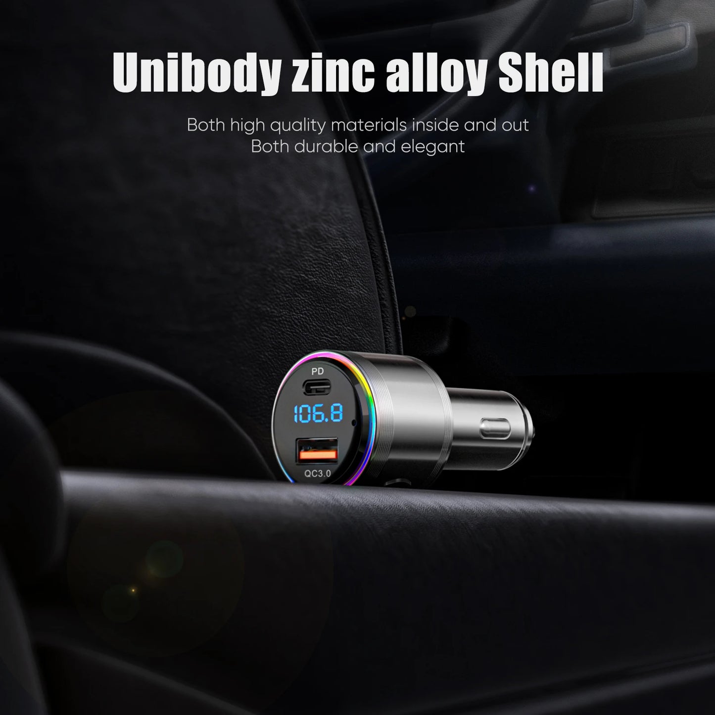 LENCENT Bluetooth 5.3 FM Transmitter Full Metal Bluetooth Car Adapter with PD 20W & QC3.0 Fast Charger Hi-Fi Music Adapter