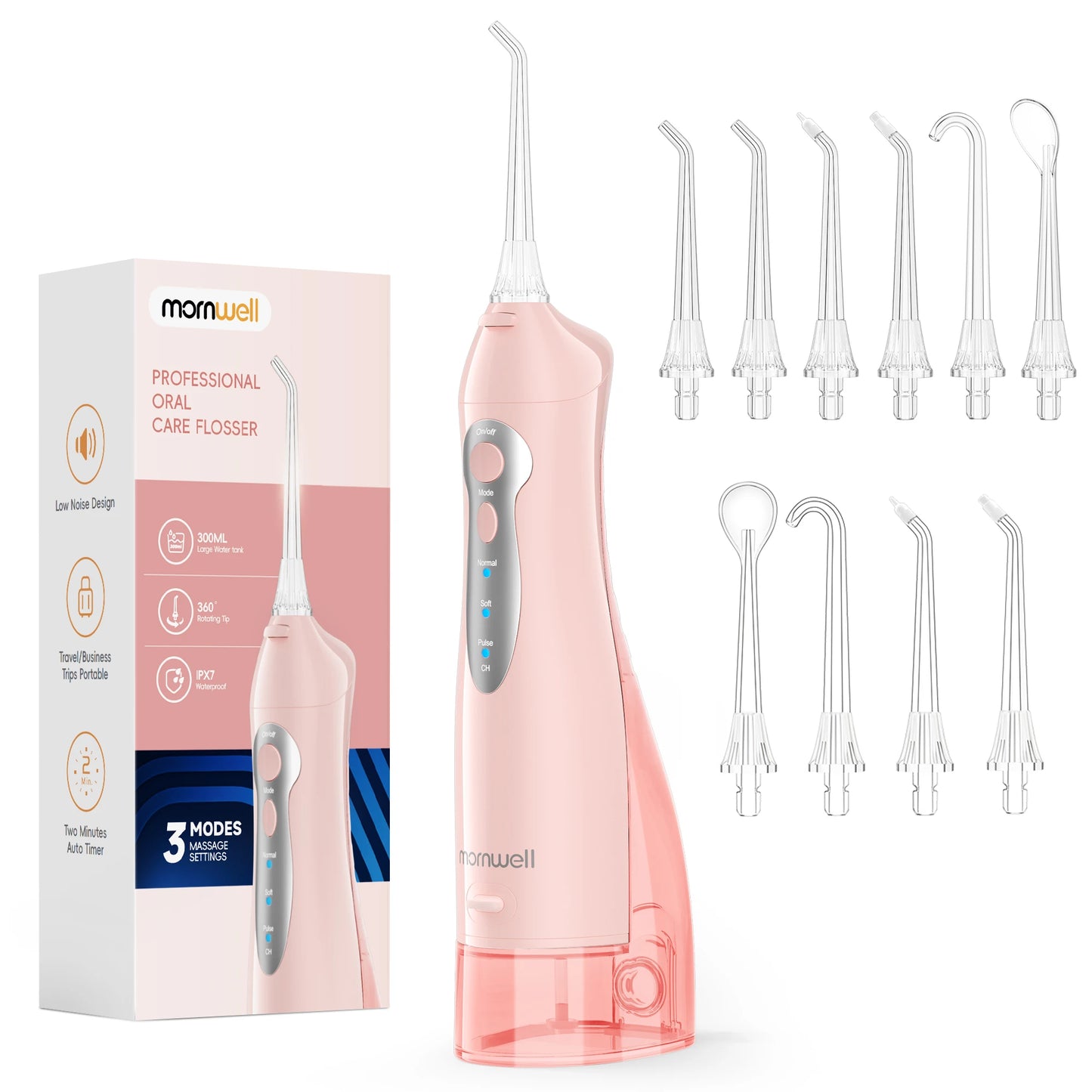 Mornwell Water Flosser Teeth Pick -Portable 300ML Pick Jet with 3 Modes, Rechargeable IPX7 Waterproof for Teeth Clean-5012D(D52)