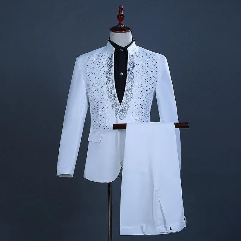 Mens Stamping Flower Suit Stand Collar Blazer Outfit Stage Performance Party Formal Wear