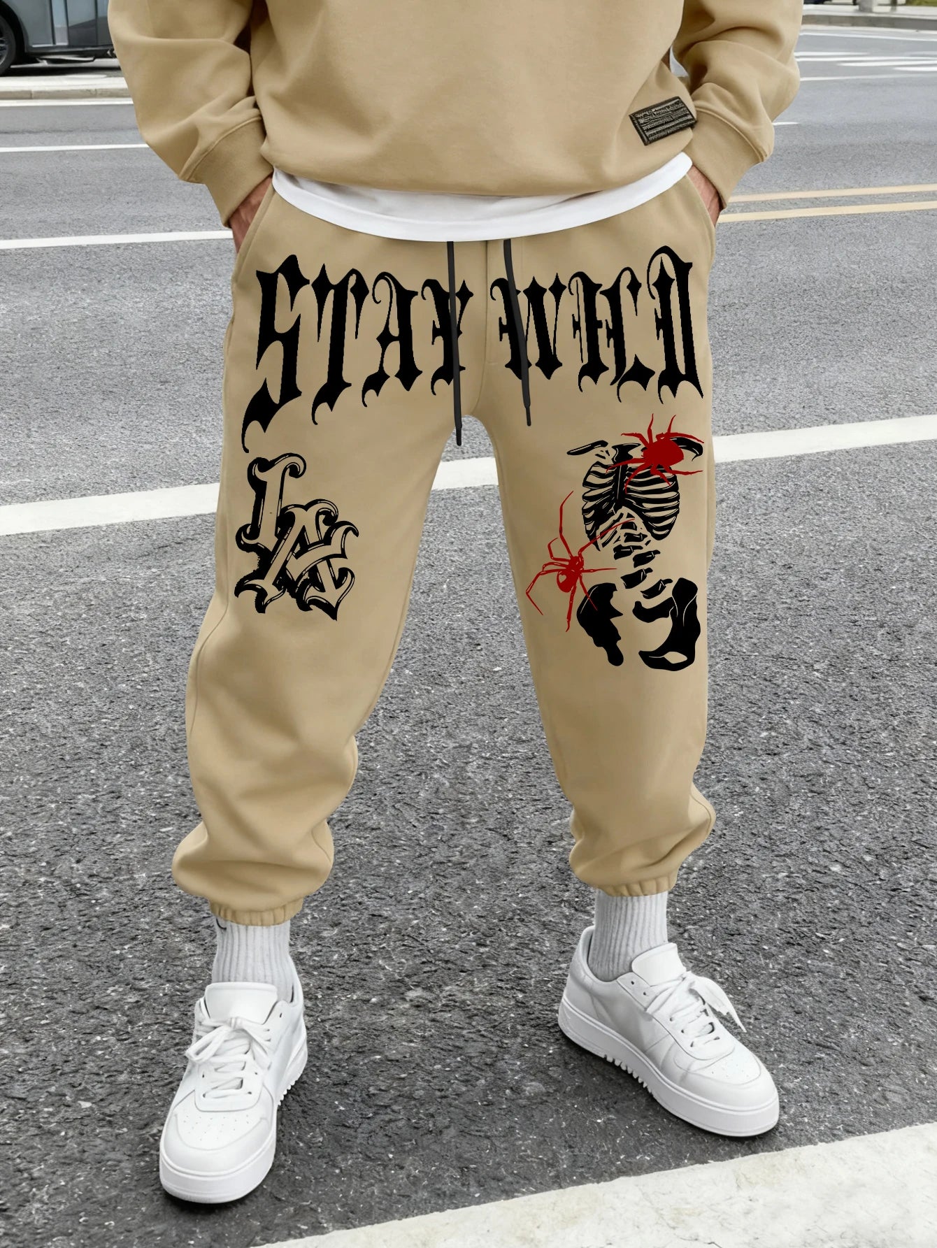 Men's Retro Dark Grunge Gothic Letter Skeleton Graphic Joggers Elastic Cuff Sweatpants Popular Vintage Streetwear Casual Pants