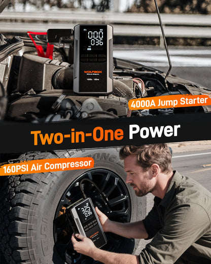 WOLFBOX 4000A Jump Starter with 160PSI Air Compressor, 12V Car Battery Booster, 65W Fast Charge, 24000mAh Portable Tire Inflator