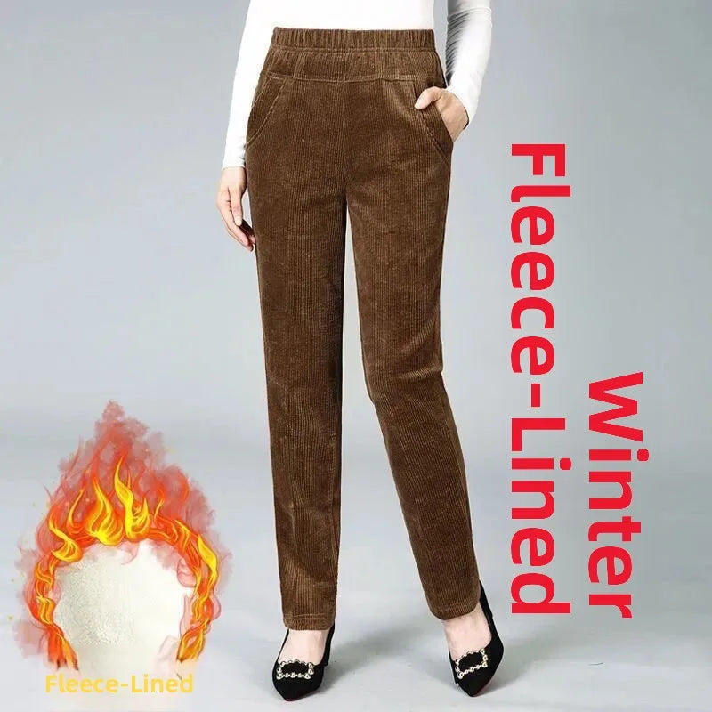 Thiened Fce Lined Corduroy Straight Leg Pants for Mom High Waist Korean Sle Commute Faion Winter Casual Trousers