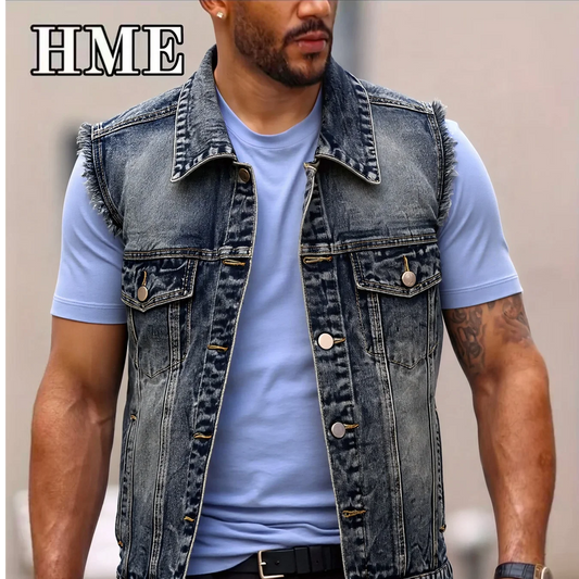 American Streetwear Men's Frayed Denim Vest Vintage Washed Turn Down Collar Sleeveless Jean Jacket Spring Summer