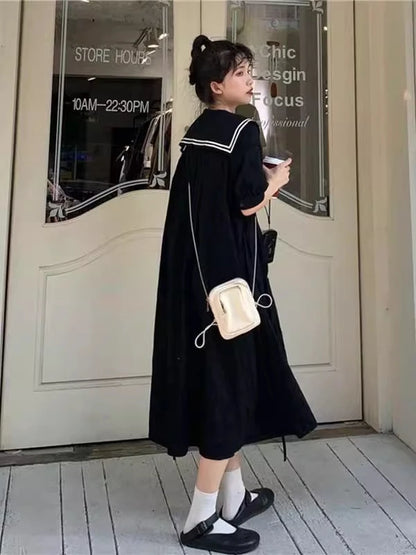 plus Size 300 Pounds Nautical Collar Dress Women's Loose over Knee Long Dress Conceal Meat Slimming College Style  Color