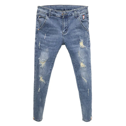 Light-colored Distressed Denim Cropped Trousers For Men Personality Slant Pocket Design, Embroidered Slim-fit Pencil Trousers
