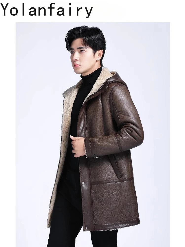 YOLANFAIRY Fashion Brown Genuine Sheepskin Leather Jacket Men Winter Mid-length Hooded Natural Fur Coat Man Warm Fur Coats Slim