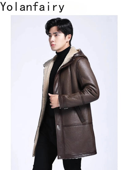 YOLANFAIRY Fashion Brown Genuine Sheepskin Leather Jacket Men Winter Mid-length Hooded Natural Fur Coat Man Warm Fur Coats Slim