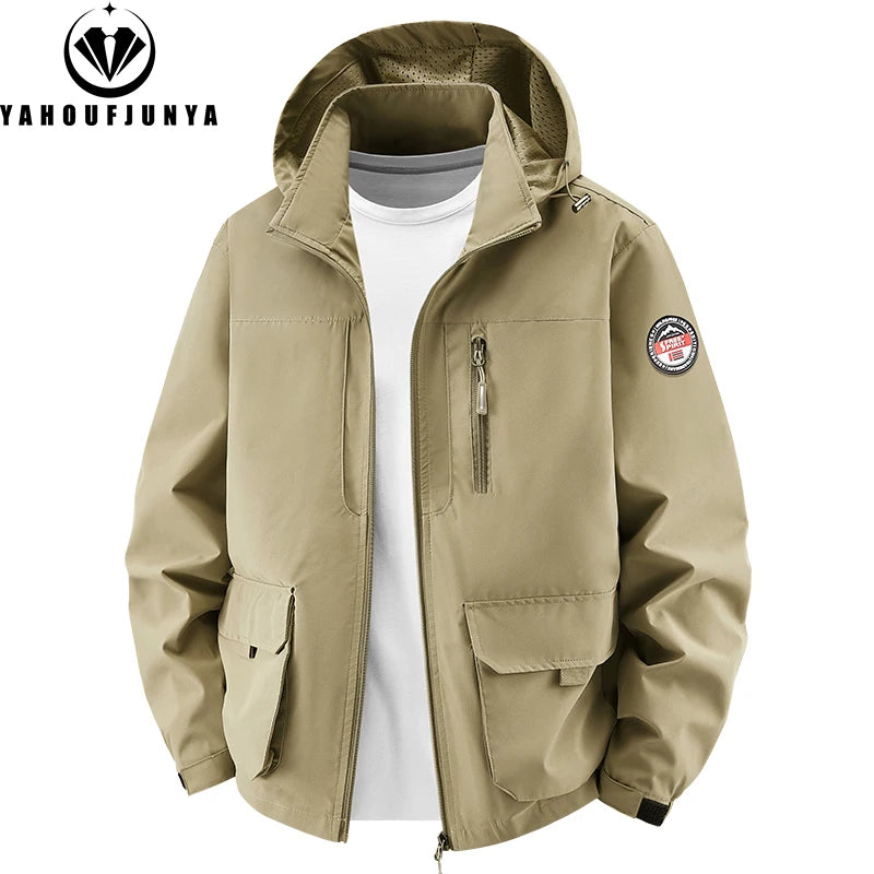 8XL Men Spring Outdoor Leisure Windbreak Removable Hooded Jacket Men Autumn Cargo Pocket Fashion Brand Jacket Coat Male Clothing