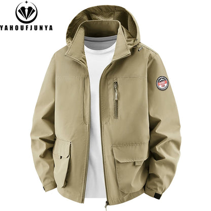 8XL Men Spring Outdoor Leisure Windbreak Removable Hooded Jacket Men Autumn Cargo Pocket Fashion Brand Jacket Coat Male Clothing