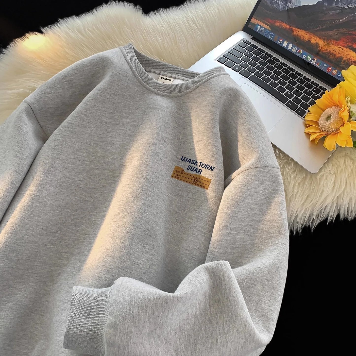 American Retro Fleece Lined Long Sleeve Letter Print Sweatshirt Unisex Autumn Winter Casual Fashion Versatile Men's Women's Top