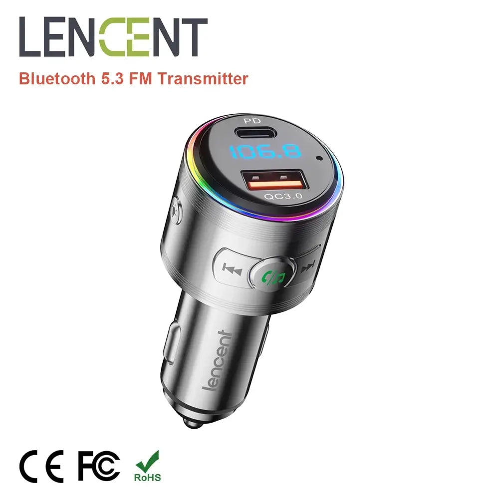 LENCENT Bluetooth 5.3 FM Transmitter Full Metal Bluetooth Car Adapter with PD 20W & QC3.0 Fast Charger Hi-Fi Music Adapter