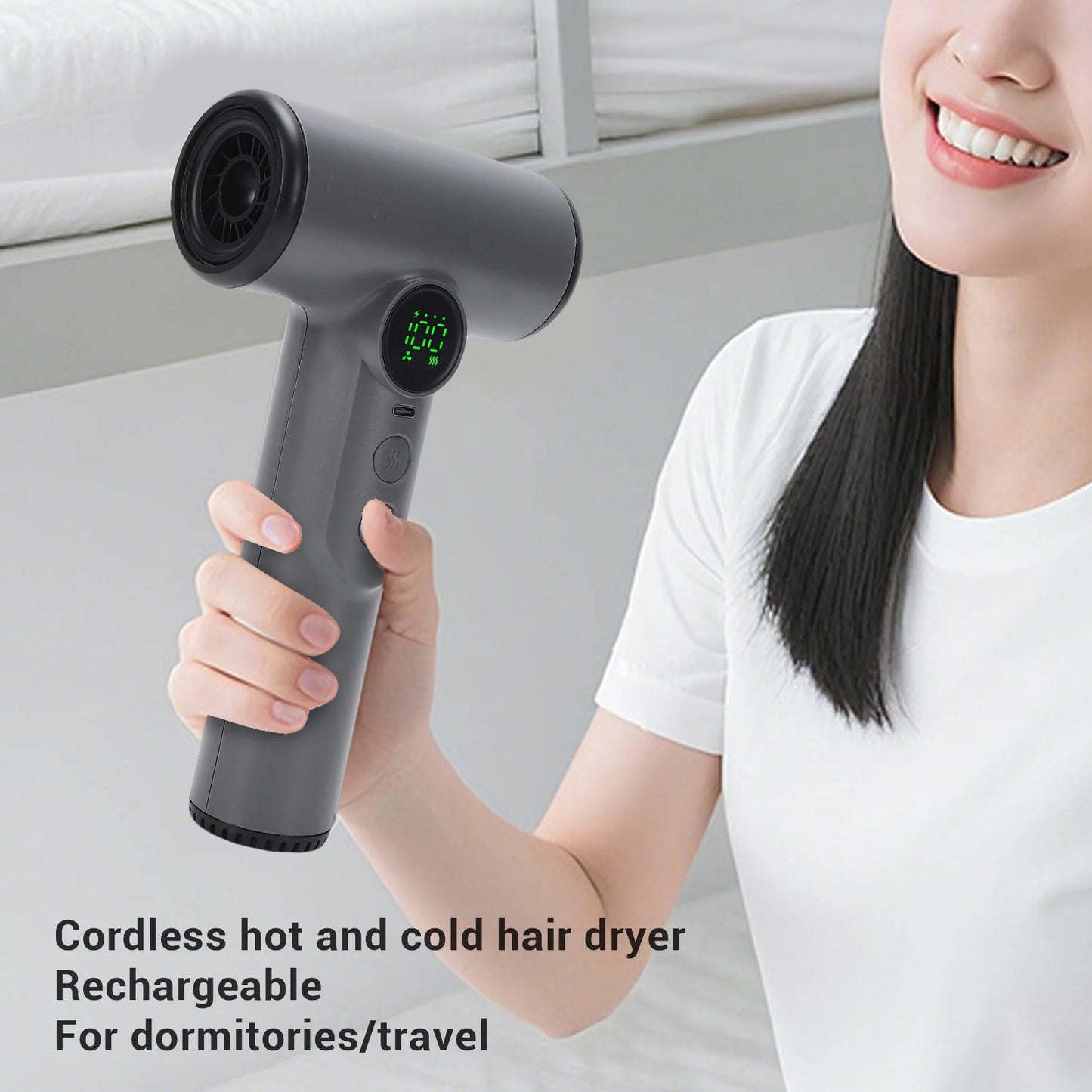 200W Cordless Hair Dryer USB Rechargeable Cold Hot Powerful Wind 15600mAh Battery Portable Hair Blow Dryer for Travel Camping