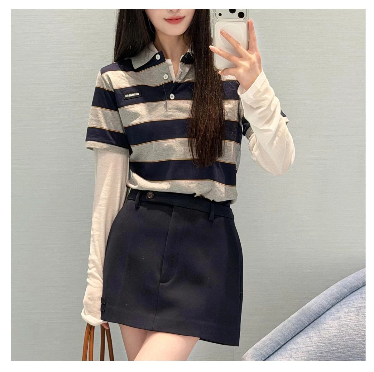 Sweet Cool Girl Spring New Style Miu Style Embroidered Letter Grey Blue Color Block Stripe  Short Sleeve Women's Top