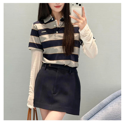 Sweet Cool Girl Spring New Style Miu Style Embroidered Letter Grey Blue Color Block Stripe  Short Sleeve Women's Top