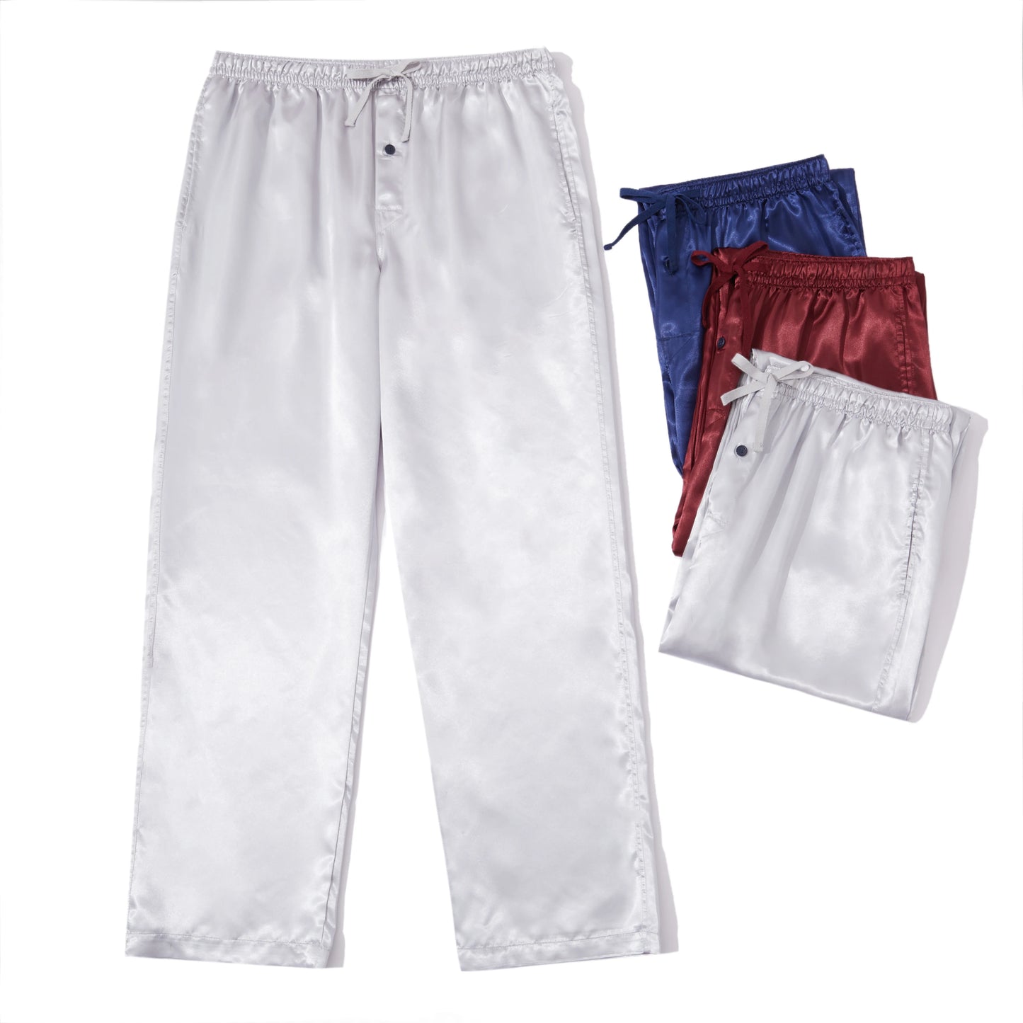 3pcs Men's Pajama Pants Autumn Satin Comfy with Elastic Waistband and Pockets Solid Color Casual Sleepwear