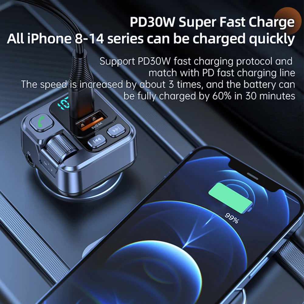 All-in-One Car Bluetooth Adapter - PD20W Fast Charger, USB U Disk Reader, Digital Display & FM Transmitter for Phones