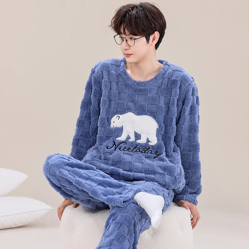 Pajama Set Men O-neck Long Sleeve Striped Comfortable Warm Flannel Mens Pajamas Big Yards XXXL Korean Style Home Clothing Casual