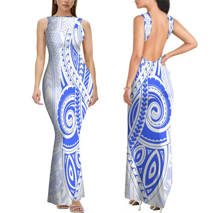 Dropshipping Custom Retro Style Design Elegant Ladies Club Dress Hawaiian Print Sleeveless Backless Dress New Zealand Prom Dress