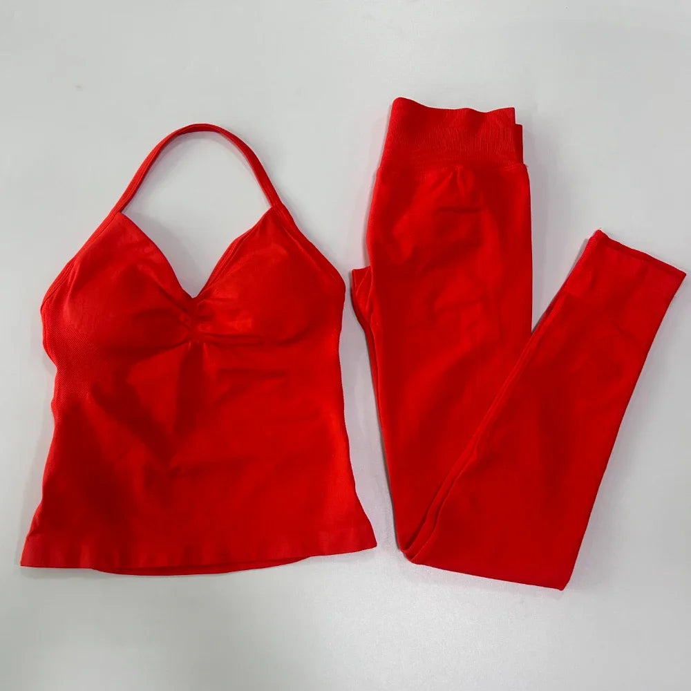 2 Pieces Sports Set Women Backless Tank Yoga Tops High Waist Scrunch Seamless Shorts Sport Gym Set Sportswear Workout Set