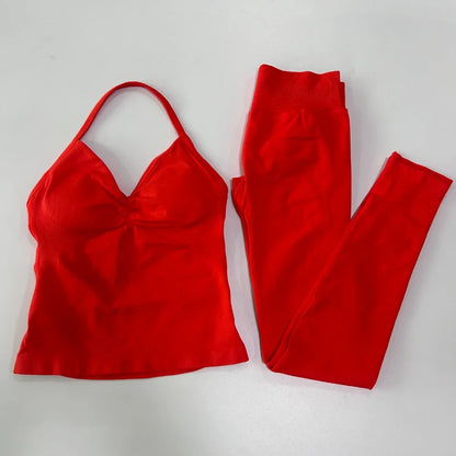 2 Pieces Sports Set Women Backless Tank Yoga Tops High Waist Scrunch Seamless Shorts Sport Gym Set Sportswear Workout Set