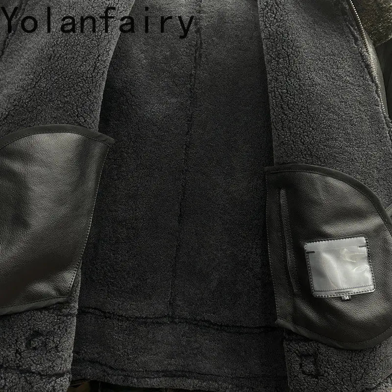 YOLANFAIRY 100% Genuine Sheepskin Leather Jacket Man Winter Warm Natural Fur Coat Motorcycle Jackets Men's Leather and Fur Coats