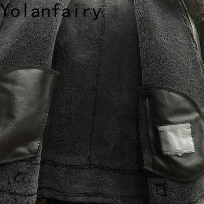 YOLANFAIRY 100% Genuine Sheepskin Leather Jacket Man Winter Warm Natural Fur Coat Motorcycle Jackets Men's Leather and Fur Coats