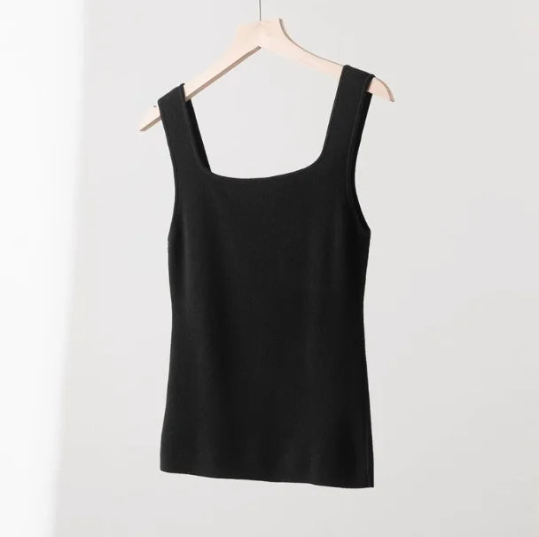 100% Superfine Merino Wool French Square-Neck Knit Camisole for Women, Slim Fit, Elegant, Versatile, Thin, Suitable for Work and Casual Wear