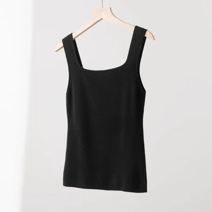 100% Superfine Merino Wool French Square-Neck Knit Camisole for Women, Slim Fit, Elegant, Versatile, Thin, Suitable for Work and Casual Wear