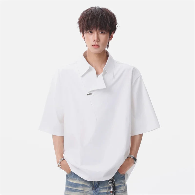 Summer Men's Metal Button Solid Color Lapel Polo Shirts Retro High Street Asymmetrical Oversized Tshirts Y2K Casual Fashion Tops