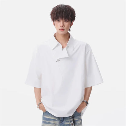 Summer Men's Metal Button Solid Color Lapel Polo Shirts Retro High Street Asymmetrical Oversized Tshirts Y2K Casual Fashion Tops