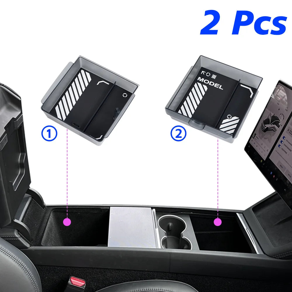 Armrest Organizer Tray Suitable for Tesla Model Y Juniper 2026 Model Y L 6 Seater Translucent ABS Box 2/4/6PCS Silicone Mat Set