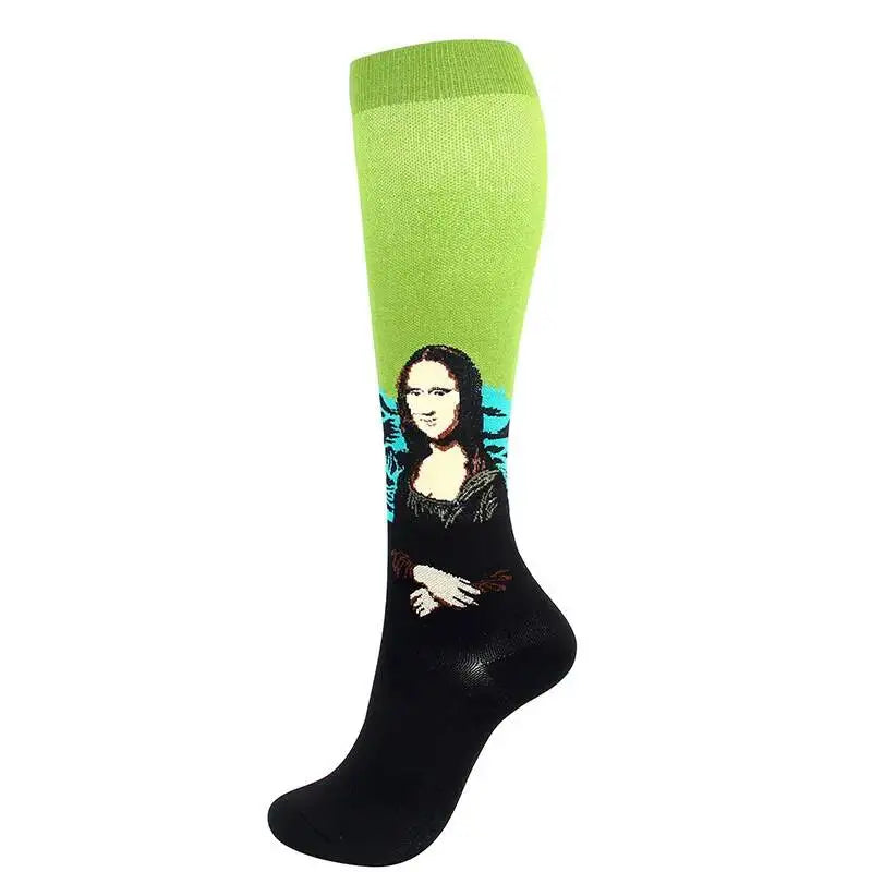 Oil Painting Compression Socks Men Women Mona Lisa Sky Kiss Wave Pearl Pressure Stockings Nylon Compress RunSport Newest