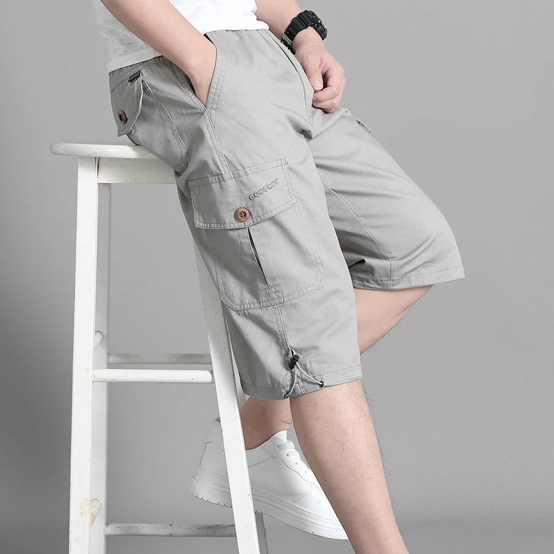 Summer Zipper Pocket Workwear Shorts Mens Knee Cargo Pants 2026 Cotton Shorts Men Climbing Jogger Elastic Waist Sports Work Wear