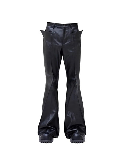 Mauroicardi Autumn Long Black Waterproof Hard Pu Leather Flare Pants Men Cool Luxury Designer Clothes Streetwear Runway Fashion