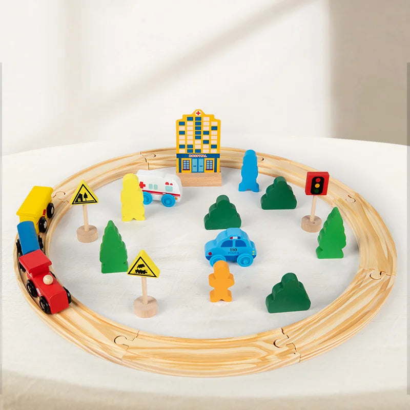 Children's Pine Wood Train Track And Vehicle Toy Set - Educational City Scene Toy With Tracks Cars Traffic Signs And Buildings