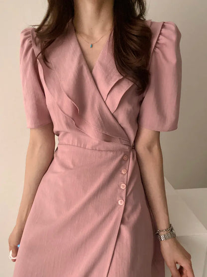 Retro Double Layered Collar Bubble Sleeve  Dress Elegant Short Sleeve V Neck Summer Casual Women's Dress