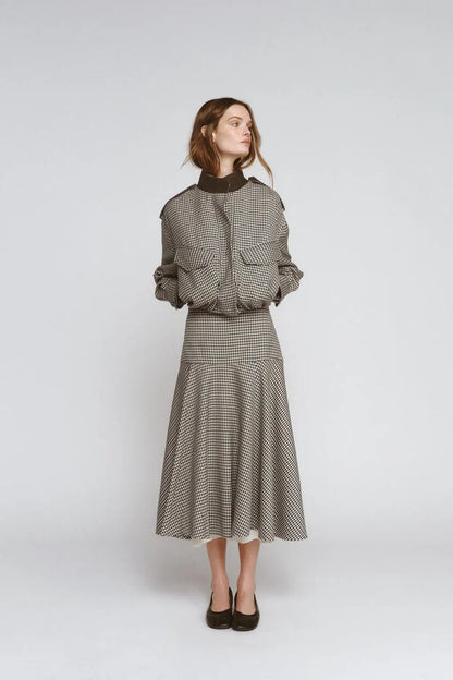 Color Block Plaid Pilot Jacket Coat High Collar Long Sleeve Women's Spring Fashion Set with Midi Skirt Spring Season Pattern