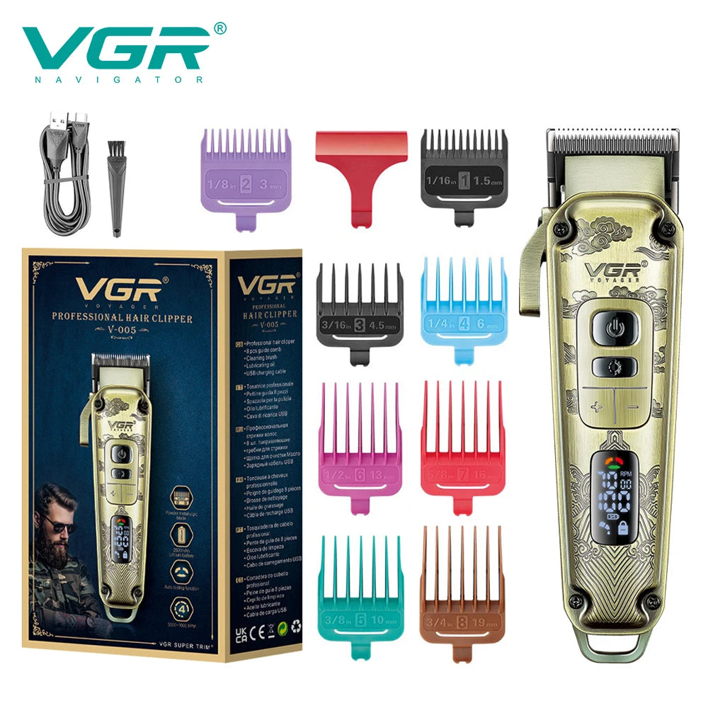 VGR professional high-end hair trimmer set, retro metal electric push shear, home LED intelligent digital hair clipper, shaver