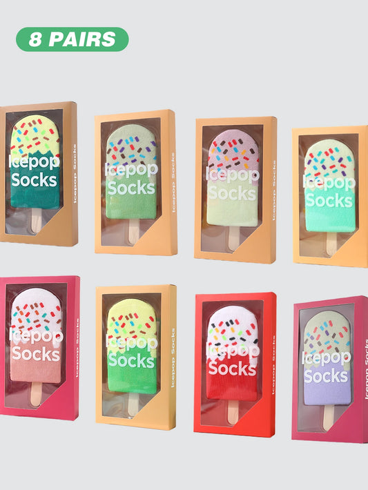 8 pair of mid-calf unisex socks in a novelty ice cream design, a unique and interesting festive gift.