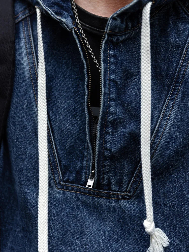 Mens Hooded Denim Jacket American Vintage Heavyweight Washed Distressed Loose Fit Streetwear Pullover Workwear Casual Trendy