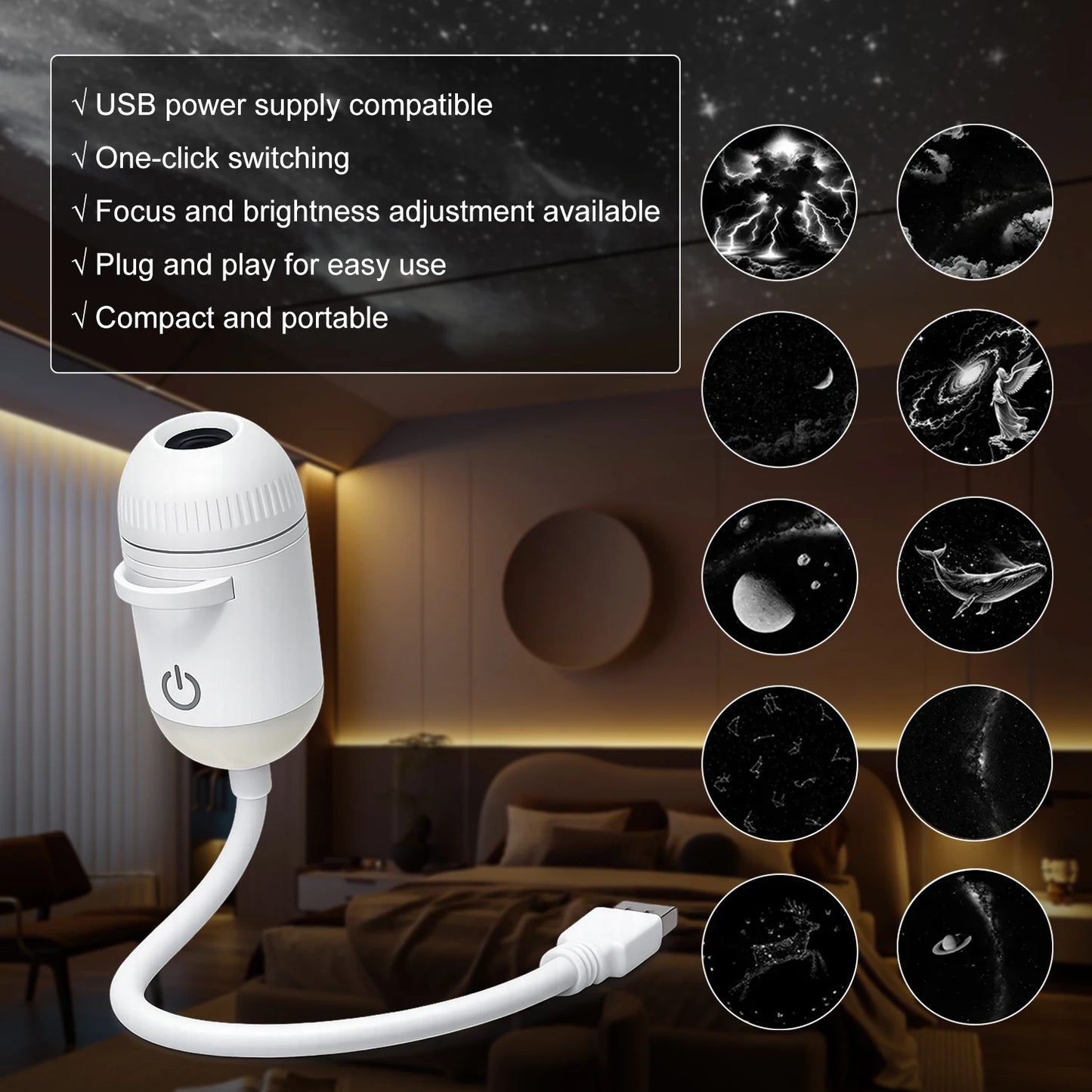 Romantic LED Starry Sky Night Light USB Powered Saturn Galaxy Projector Lamp for Car Roof Party Room Ceiling Decor Plug and Play