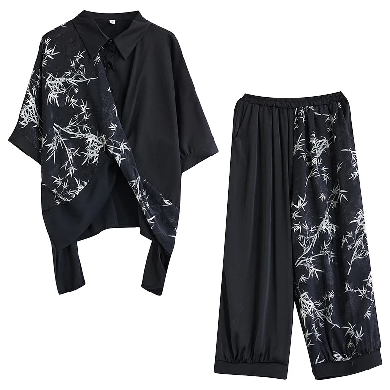 Summer New Loose Artistic Bamboo Print Cross Irregular irt Wide Leg Pants Two Piece Set Good Quali plus Size Faionable