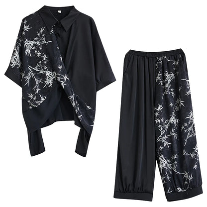 Summer New Loose Artistic Bamboo Print Cross Irregular irt Wide Leg Pants Two Piece Set Good Quali plus Size Faionable